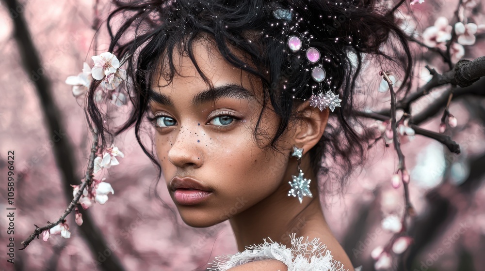 Starry-Eyed Mixed Race Girl Amid Cherry Blossoms Starry-Eyed Mixed Race Girl Amid Cherry Blossoms