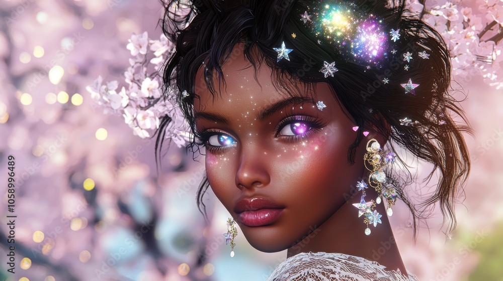 Starry-Eyed Mixed Race Girl Amid Cherry Blossoms Starry-Eyed Mixed Race Girl Amid Cherry Blossoms