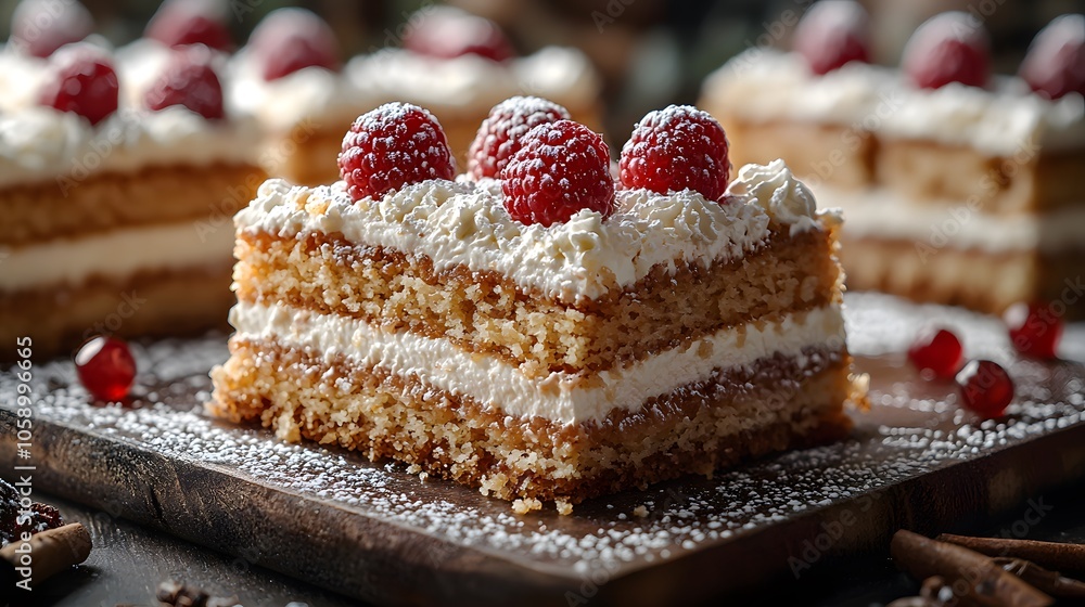 Delicious raspberry layer cake with whipped cream on rustic wooden board Delicious raspberry layer cake with whipped cream on rustic wooden board