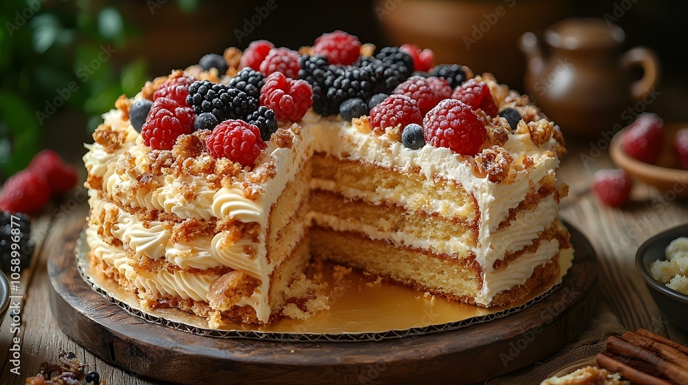 Delicious berry layer cake with cream and nuts on rustic wooden table Delicious berry layer cake with cream and nuts on rustic wooden table