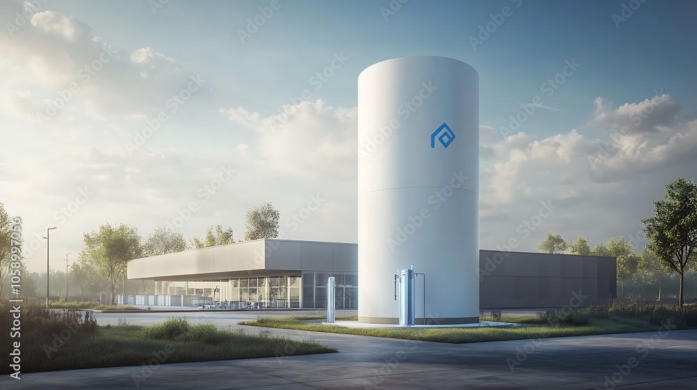 A modern facility featuring a cylindrical structure and sleek design, surrounded by greenery. A modern facility featuring a cylindrical structure and sleek design, surrounded by greenery.