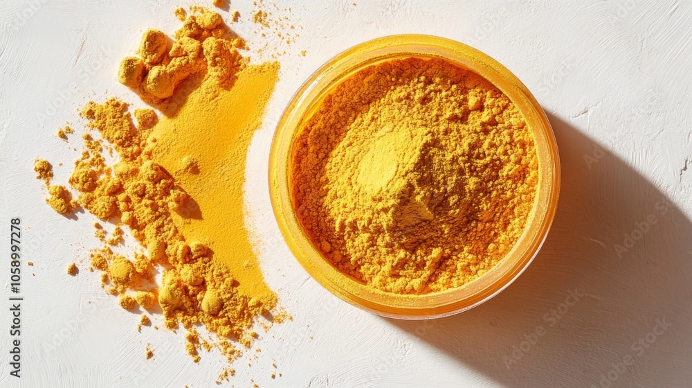 Yellow Powder in Glass Jar on White Background Yellow Powder in Glass Jar on White Background