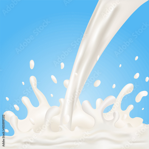 Splash and stream of milk waves on a blue background. Vector for packaging design, drinks and food.