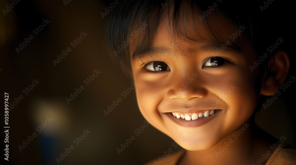 Child's face with a natural smile, framed simply with bright, even lighting to highlight innocence and happiness Child's face with a natural smile, framed simply with bright, even lighting to highlight innocence and happiness