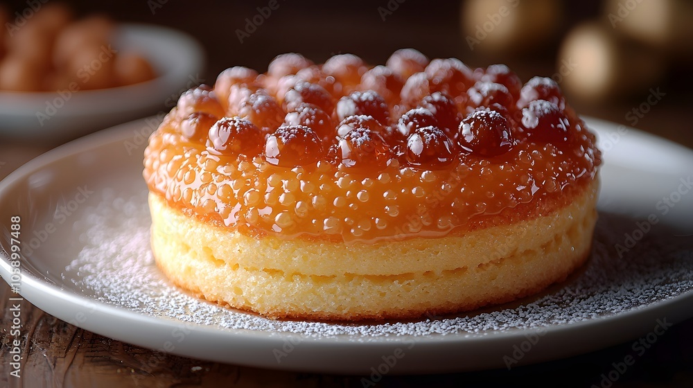 Delicious caramel drizzle cake with glazed topping on plate Delicious caramel drizzle cake with glazed topping on plate