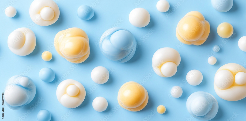 Bright and colorful abstract background featuring light blue, white, and yellow spherical shapes. playful arrangement creates cheerful and dynamic visual experience Bright and colorful abstract background featuring light blue, white, and yellow spherical shapes. playful arrangement creates cheerful and dynamic visual experience