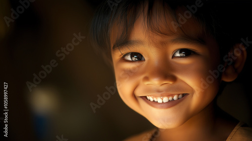 Child's face with a natural smile, framed simply with bright, even lighting to highlight innocence and happiness