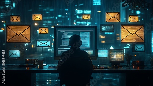 A hacker sits at a desk in front of multiple computer monitors, with glowing email icons floating in the background. photo