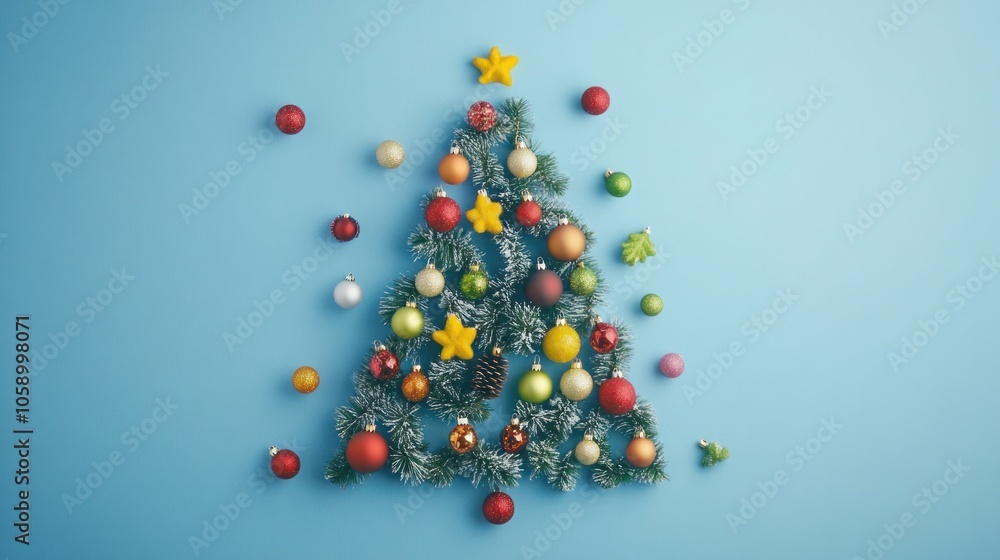 jolly Christmas frame with a blue backdrop. It is constructed with a fir tree and flattened Christmas ornaments that are visible from above. Ideal for backgrounds with winter holidays jolly Christmas frame with a blue backdrop. It is constructed with a fir tree and flattened Christmas ornaments that are visible from above. Ideal for backgrounds with winter holidays