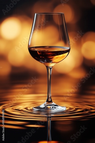 A beautifully shaped wine glass rests on a gently rippling surface, reflecting warm golden tones from a blurred background. The rich amber liquid inside catches the light, creating an inviting ambianc photo