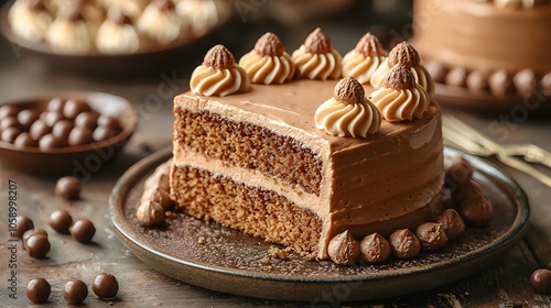 Chocolate coffee cake with cream swirls on rustic plate