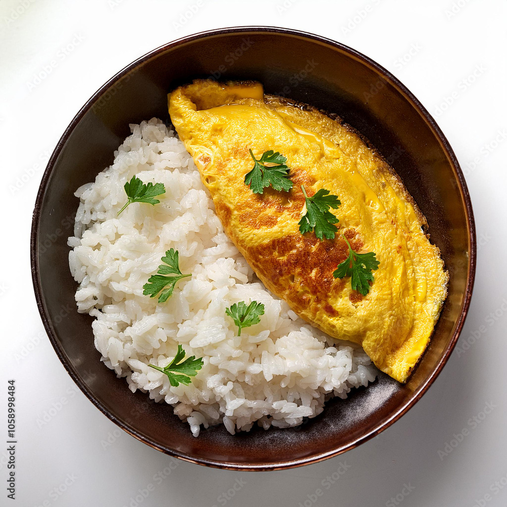 a bowl of white rice with omelet on it a bowl of white rice with omelet on it