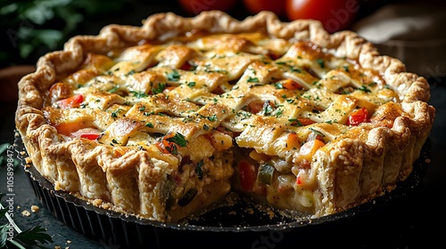 Savory vegetable quiche with flaky crust garnished with fresh herbs photo