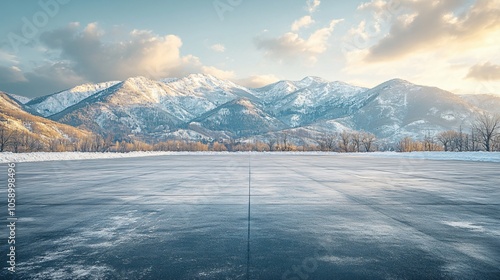 Snowy Mountain Landscape Featuring High Peaks, Platform, Road, and Parking Area on Brick Surface for Automotive Advertisement with Blank Background