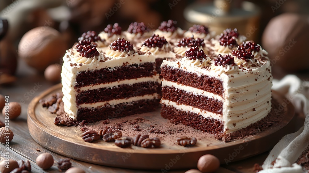 Rich chocolate layer cake with cream frosting and berries on a rustic wooden table Rich chocolate layer cake with cream frosting and berries on a rustic wooden table