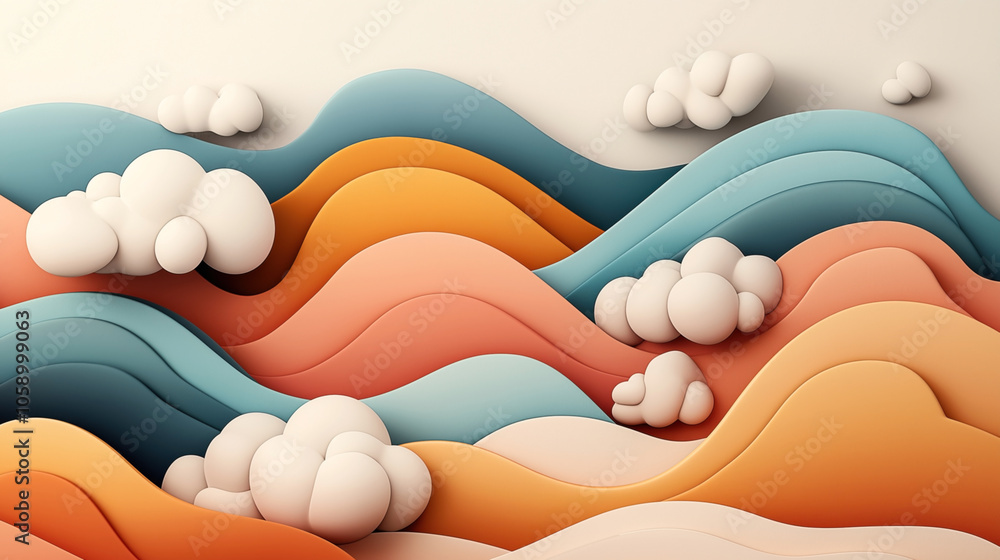 Abstract 3D illustration of layered colorful waves and clouds in soft pastel shades of orange, blue, and cream, creating a serene and dreamy landscape. Abstract 3D illustration of layered colorful waves and clouds in soft pastel shades of orange, blue, and cream, creating a serene and dreamy landscape.