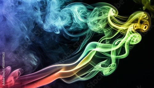 intertwining wavy clouds of smoke wriggle like snakes on a dark background in blue and yellow colors photo