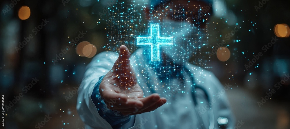 Digital healthcare and a network connection are shown as holograms on the virtual screen, along with the icon of health. Digital healthcare and a network connection are shown as holograms on the virtual screen, along with the icon of health.