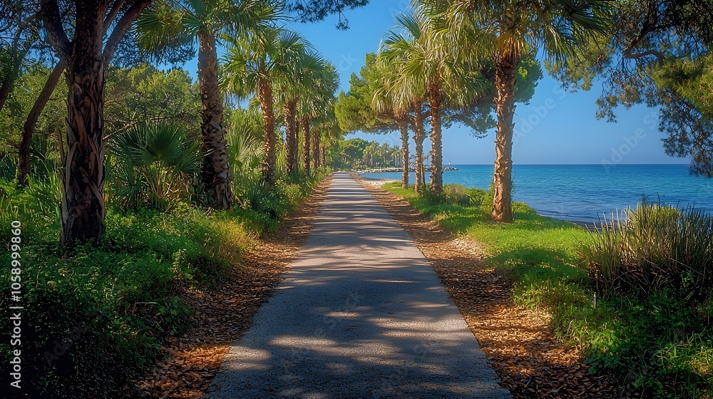 Serene coastal path lined with palm trees leading to a tranquil beach Serene coastal path lined with palm trees leading to a tranquil beach