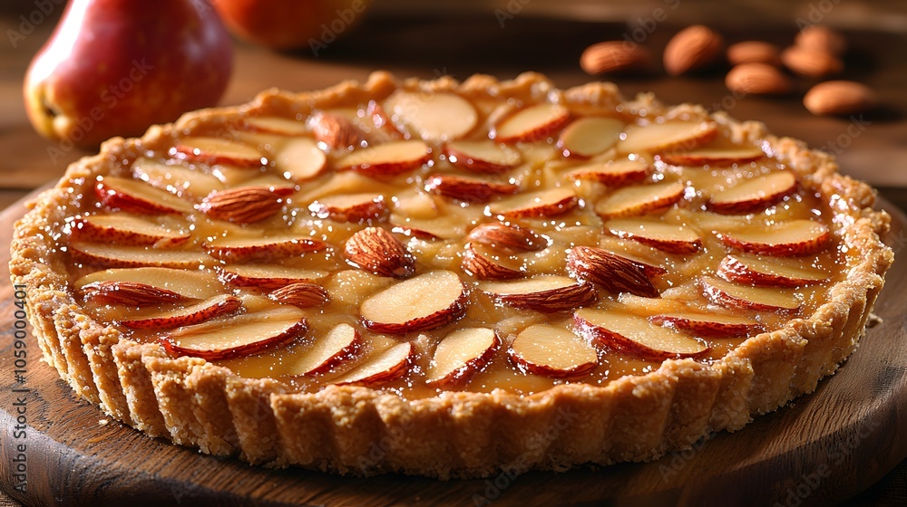 Delicious apple almond tart with caramel glaze on rustic wooden table Delicious apple almond tart with caramel glaze on rustic wooden table