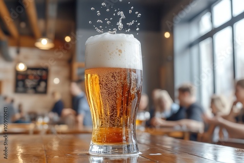 A refreshing beer is being poured into a glass, foam bubbling over the rim. In the background, a lively atmosphere unfolds as sports fans eagerly await the action, enhancing the excitement of the mome photo