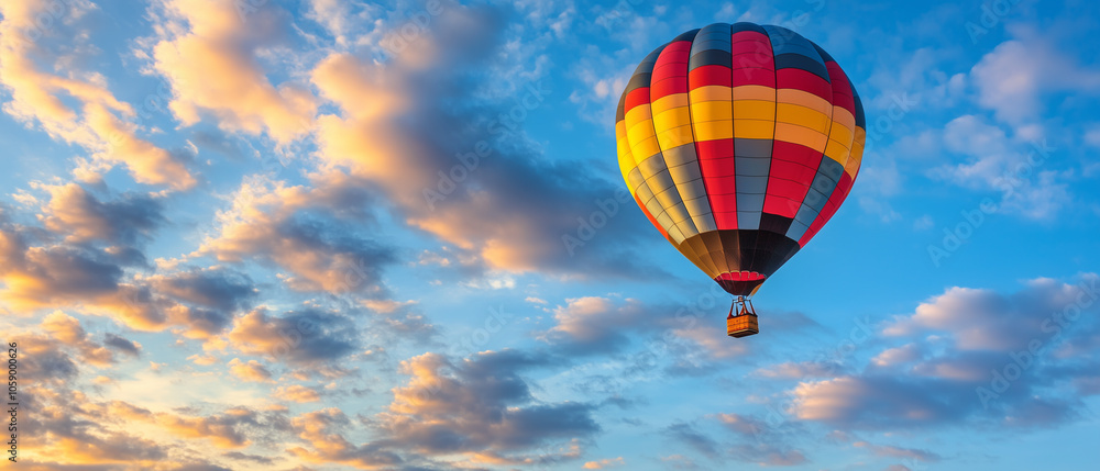 Obraz premium Colorful Hot Air Balloon Soaring Through a Cloudy Sky.