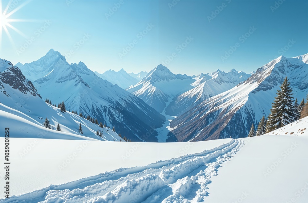 Fototapeta premium winter landscape in the mountains, top of a high mountain, white snow around, peaks in snow, sunny frosty day, blue sky, screensaver, both, postcard, poster