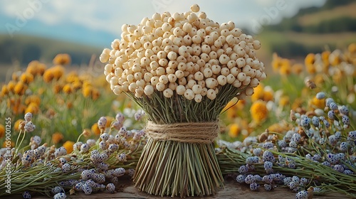 Elegant bouquet of white berries and wildflowers in a rustic outdoor setting photo