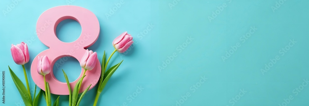 number 8 lined with pink tulips on a blue background, holiday, spring, international women's day, March, card, cover, greeting number 8 lined with pink tulips on a blue background, holiday, spring, international women's day, March, card, cover, greeting