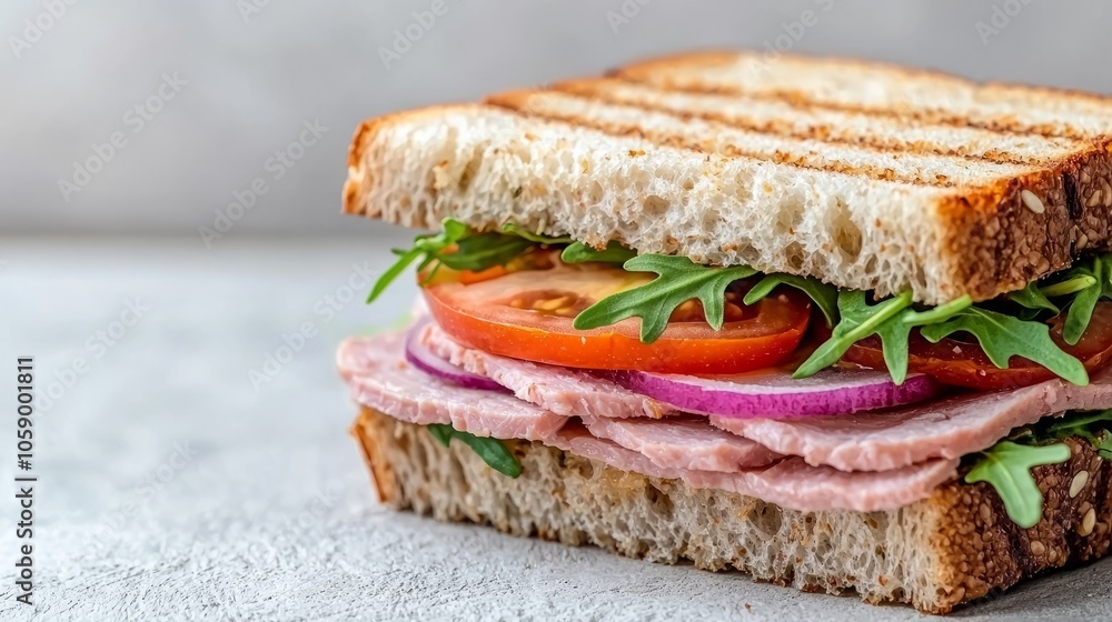 A delicious ham and tomato sandwich on toasted bread with arugula and red onion. A delicious ham and tomato sandwich on toasted bread with arugula and red onion.