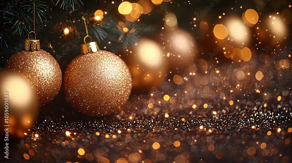 Elegant holiday scene with glittering gold christmas ornaments and festive lights
