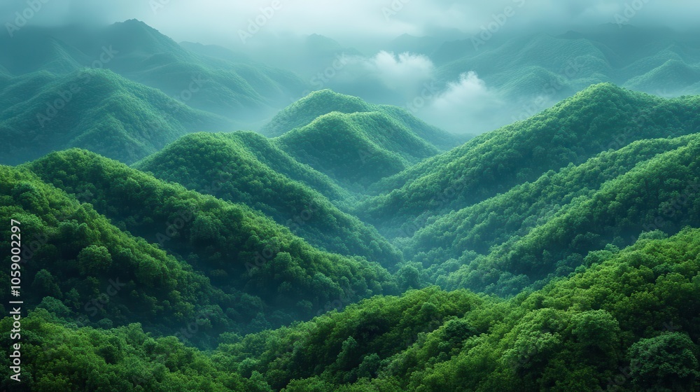 Naklejka premium view over lush green wooded mountain slopes, digitally rendered with generative ai technology to create a surreal and vibrant landscape that captures the beauty of nature