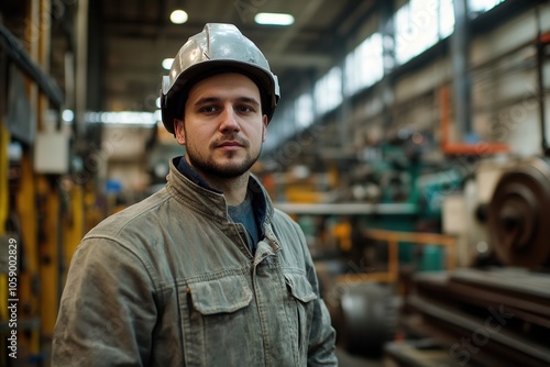 A skilled worker stands confidently in a production workshop, wearing a protective helmet and holding tools. The background showcases active work processes and equipment, highlighting a dynamic indust photo