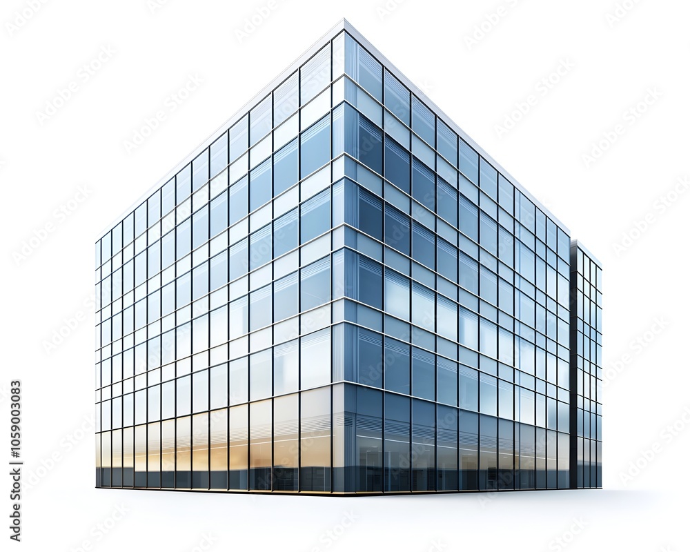Sleek and Modern High Tech Office Building with Reflective Glass Facade on Isolated White Background Sleek and Modern High Tech Office Building with Reflective Glass Facade on Isolated White Background