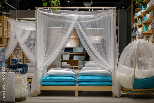 A variety of mosquito nets, including sliding and framed options, are showcased on a display stand in a home goods store. The background features shelves filled with other household items, enhancing t