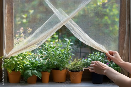 A skilled artisan carefully installs a mosquito net into the window frame, ensuring a perfect fit.