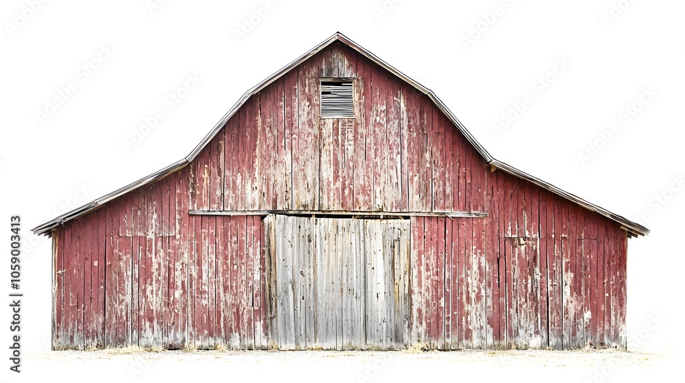 Rustic Red Weathered Barn with Sloped Roof Isolated on White Background Rustic Red Weathered Barn with Sloped Roof Isolated on White Background