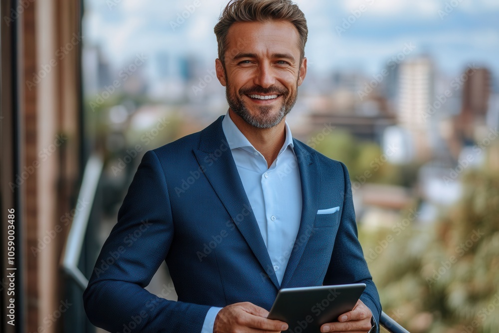 A confident businessman stands on the balcony of a high rise building, smiling while holding a tablet displaying business growth charts. The bright blue sky and clouds in the background reflect new op A confident businessman stands on the balcony of a high rise building, smiling while holding a tablet displaying business growth charts. The bright blue sky and clouds in the background reflect new op