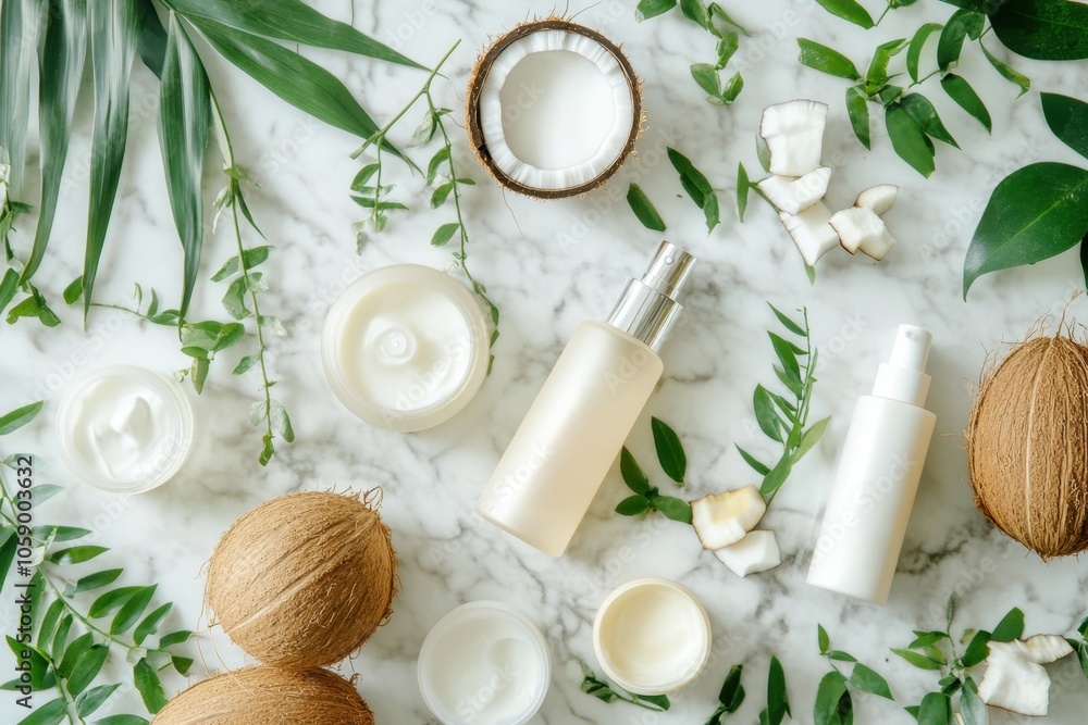 A coconut-based skincare product lineup, including lotions, creams, and oils, displayed on a marble surface with coconut pieces and green leaves for decoration A coconut-based skincare product lineup, including lotions, creams, and oils, displayed on a marble surface with coconut pieces and green leaves for decoration