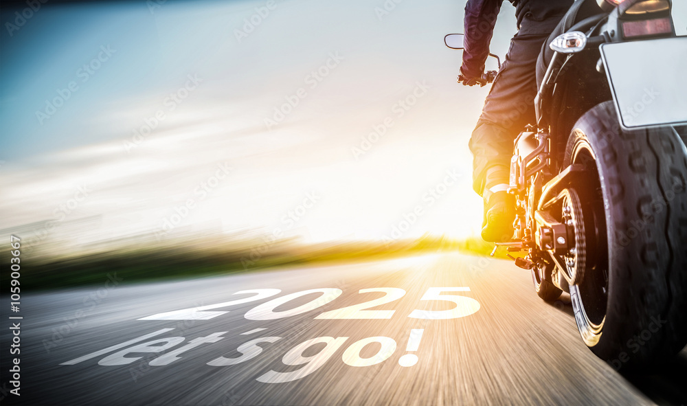 New year 2025 or start straight and beginning concept. Man ride on a motorbike and the number 2025 start written on the road. Real Photography