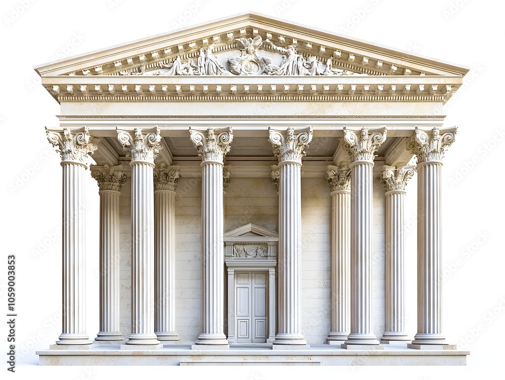 Elegant Historical Palace with Grand Columns and Intricate Stonework Isolated on White Background Elegant Historical Palace with Grand Columns and Intricate Stonework Isolated on White Background
