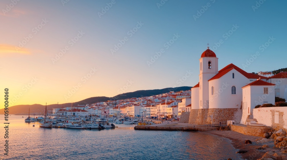 A picturesque Mediterranean town with whitewashed buildings, a red-roofed church, and a harbor filled with boats at sunset. A picturesque Mediterranean town with whitewashed buildings, a red-roofed church, and a harbor filled with boats at sunset.