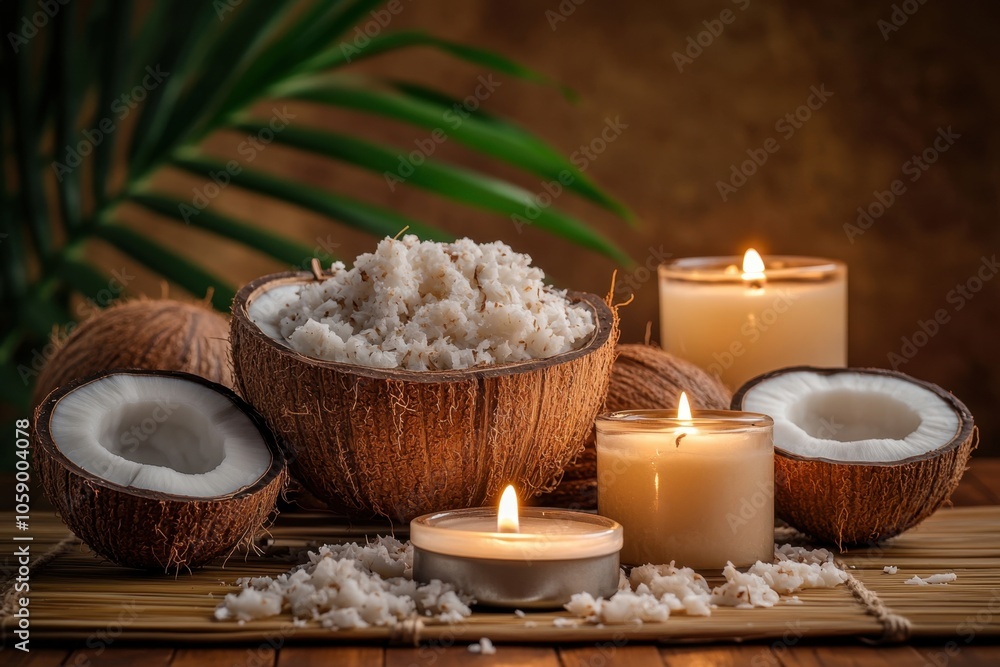 A coconut-themed spa setting with coconut oil, coconut candles, and natural coconut scrub, arranged on a bamboo mat with soft ambient lighting A coconut-themed spa setting with coconut oil, coconut candles, and natural coconut scrub, arranged on a bamboo mat with soft ambient lighting