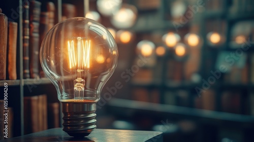 A glowing light bulb on a wooden surface in a dimly lit library with rows of books in the background. photo