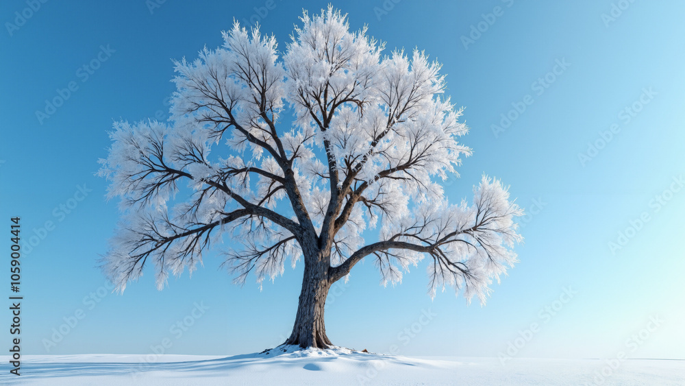 Majestic Winter Tree: Frosty Branches Against Clear Blue Sky - Nature's Resilience for Eco-Friendly Branding Majestic Winter Tree: Frosty Branches Against Clear Blue Sky - Nature's Resilience for Eco-Friendly Branding