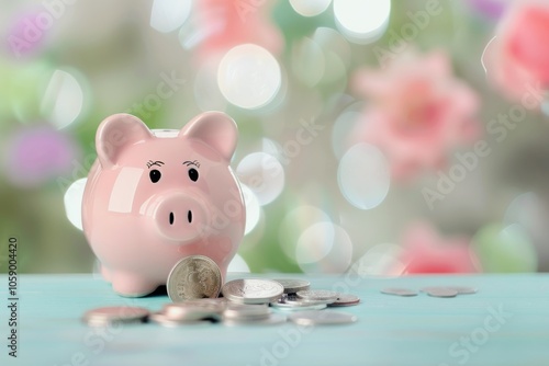 Piggy Bank and Coins on Blue Background