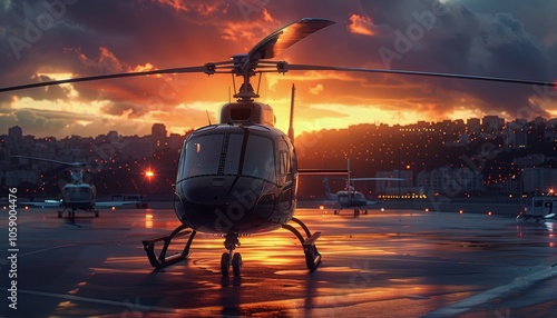 Black Helicopter Parked on Wet Runway at Sunset