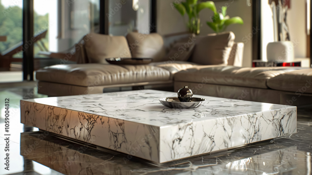 Obraz premium Top View of a Marble Table in a Living Room Background