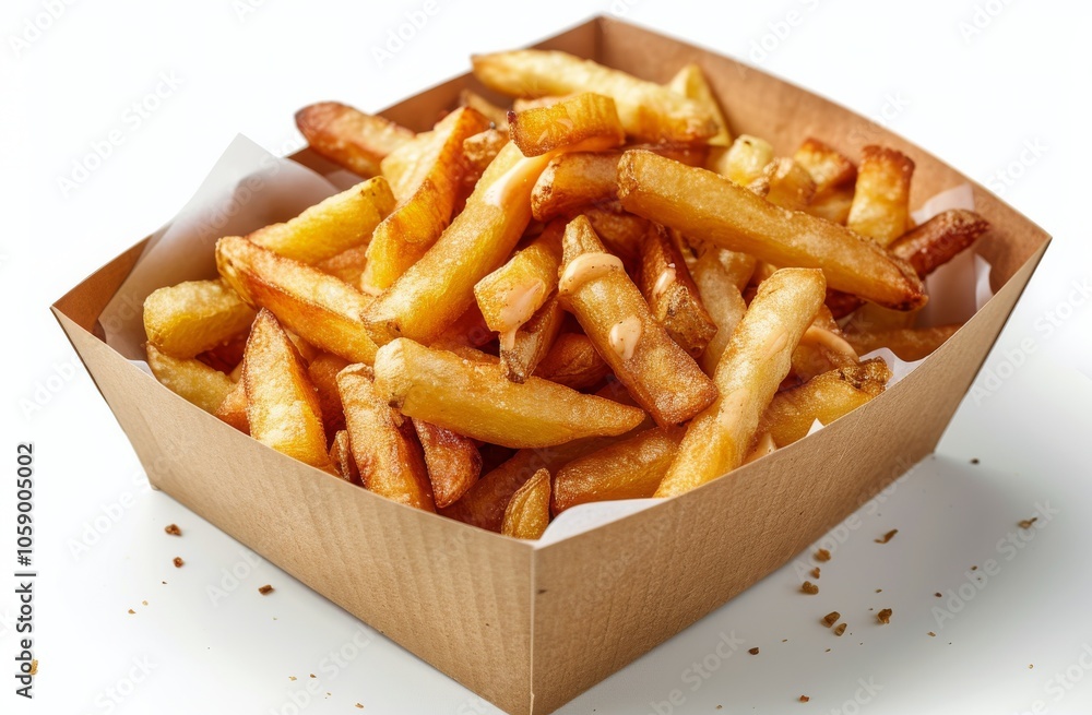 Close Up View of Crispy French Fries in a Cardboard Container Close Up View of Crispy French Fries in a Cardboard Container