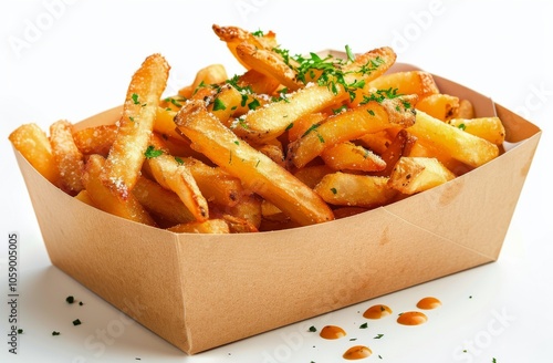 Close Up View of Crispy French Fries in a Cardboard Container